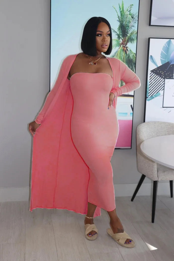 Maxy Casual Off Shoulder Bodycon Dress and Long Sleeve Cardigan Coats Women Solid Color Matching 2pcs Outfits Female Tracksuits