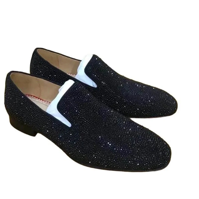 Visco LOUBUTEN Luxury Brand Black Rhinestone Loafers Suede Leather Shoes Men Wedding Shoes Flats Casual Gentlemen Dress Shoes