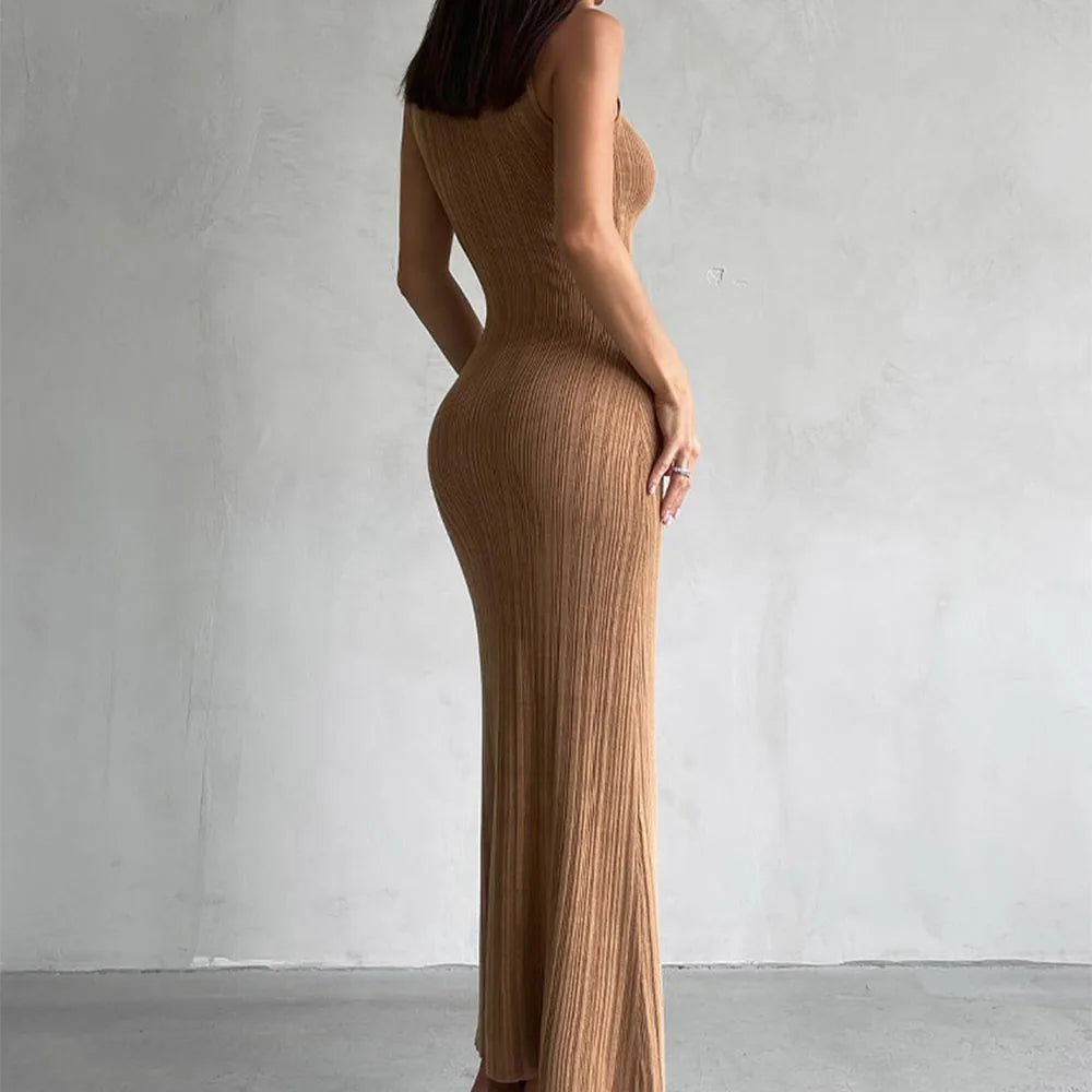 Maxy Talena Knitted Sleeveless Slim Long Dress Women's Fashion Elegant Evening Dress High Neck Solid Color Sexy Knitted Long Dress