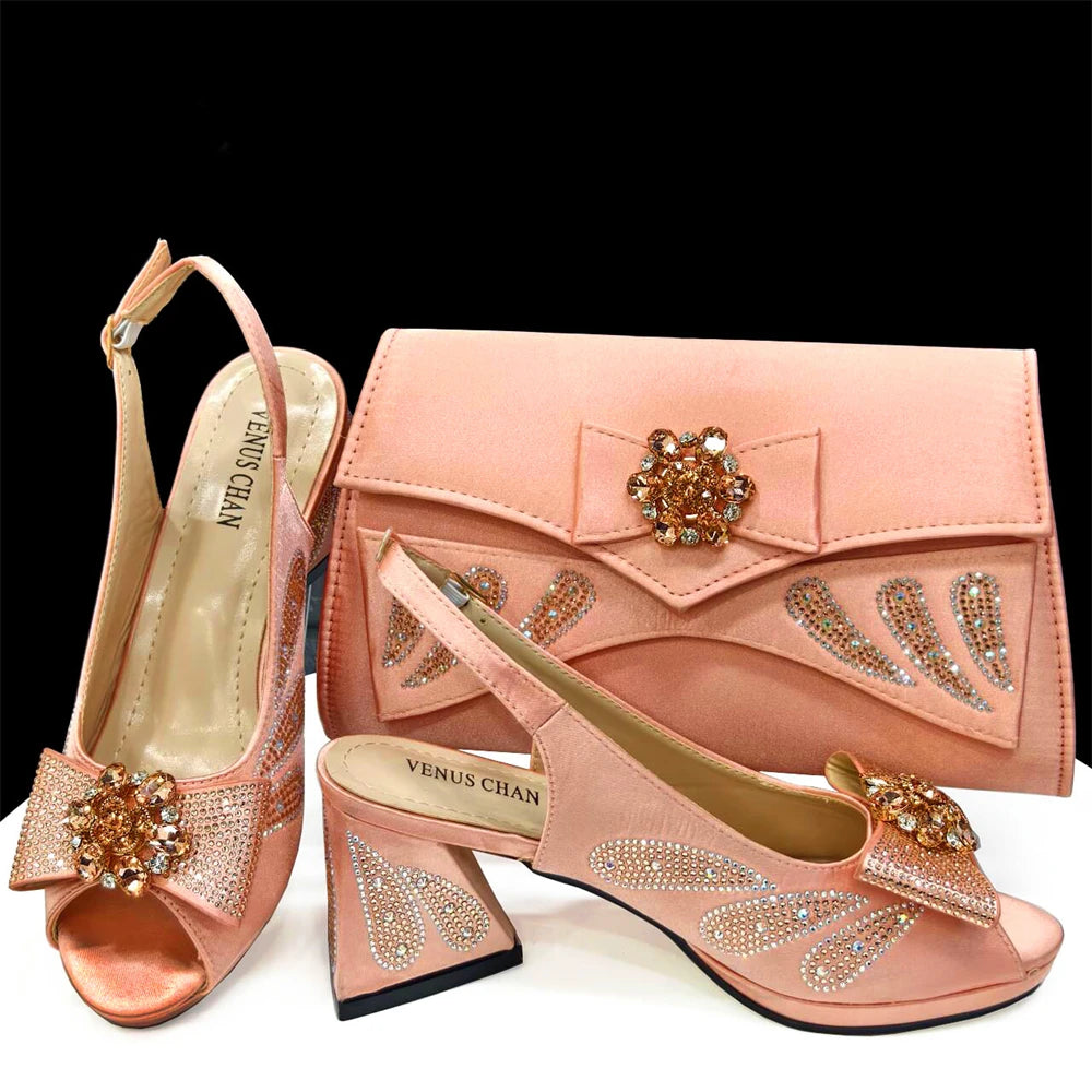 Maxy Shoes And Bag Sets for Evening Party with Stones Italian Leather Handbags Match Bags!