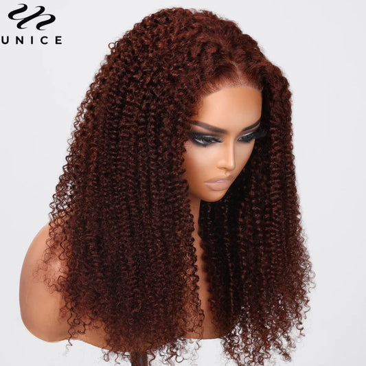 UNICE Hair 200% Density Reddish Brown Kinky Curly Lace Wig Pre Cut 6x4.75 Lace Closure Wig Glueless Wig Human Hair Ready To Wear