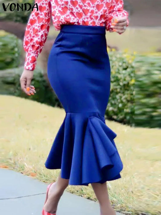 Maxy Plus Size 5XL Autumn Bohemian Fishtail Skirt Women Ruffled Midi Skirts High Waist Casual Solid Color Loose Bottoms