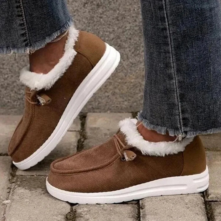 Maxy Winter Plush Loafers Women Ankle Shoes Slip-on Round Toe Flat Faux Suede Sewing Leisure Mature Casual Daily-wear Lace Plus Size