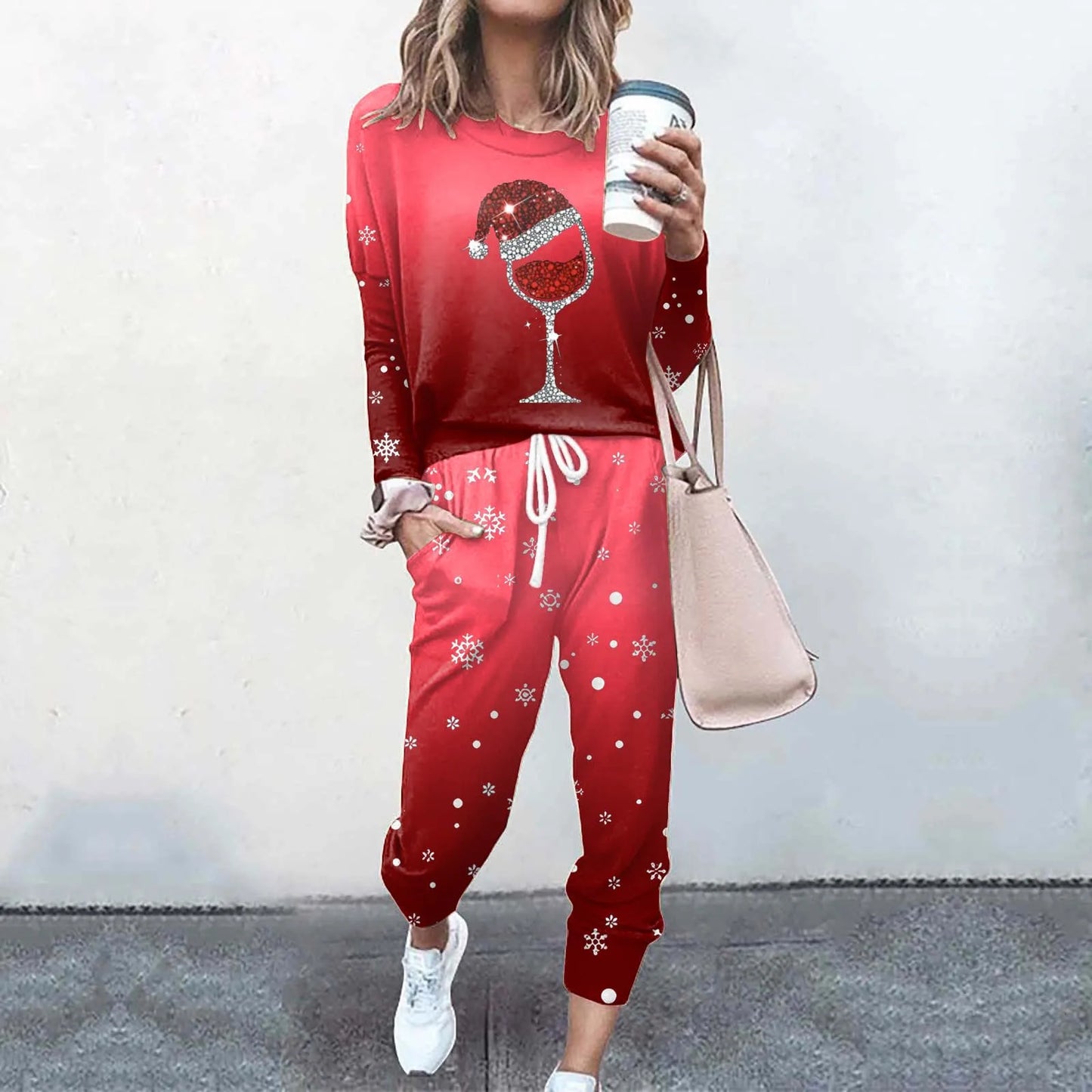 Maxy Hot Sale Christmas Print Set Trend Women'S Tracksuit Fashion Set Outfits Party Suit Long Sleeve Top +Pants Two-Piece Set