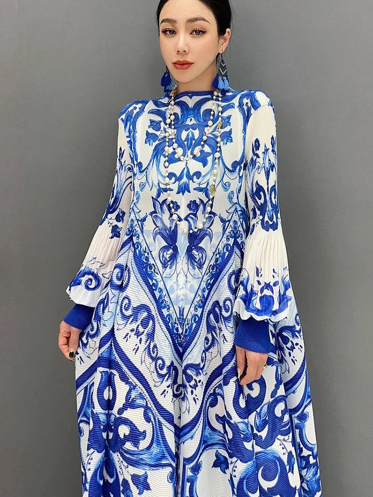 Babs SHENGPALAE Spring Autumn New Women's Dress National Porcelain Printed Chiffon Pleated Elegant Long Sleeved Dresses 5R9754