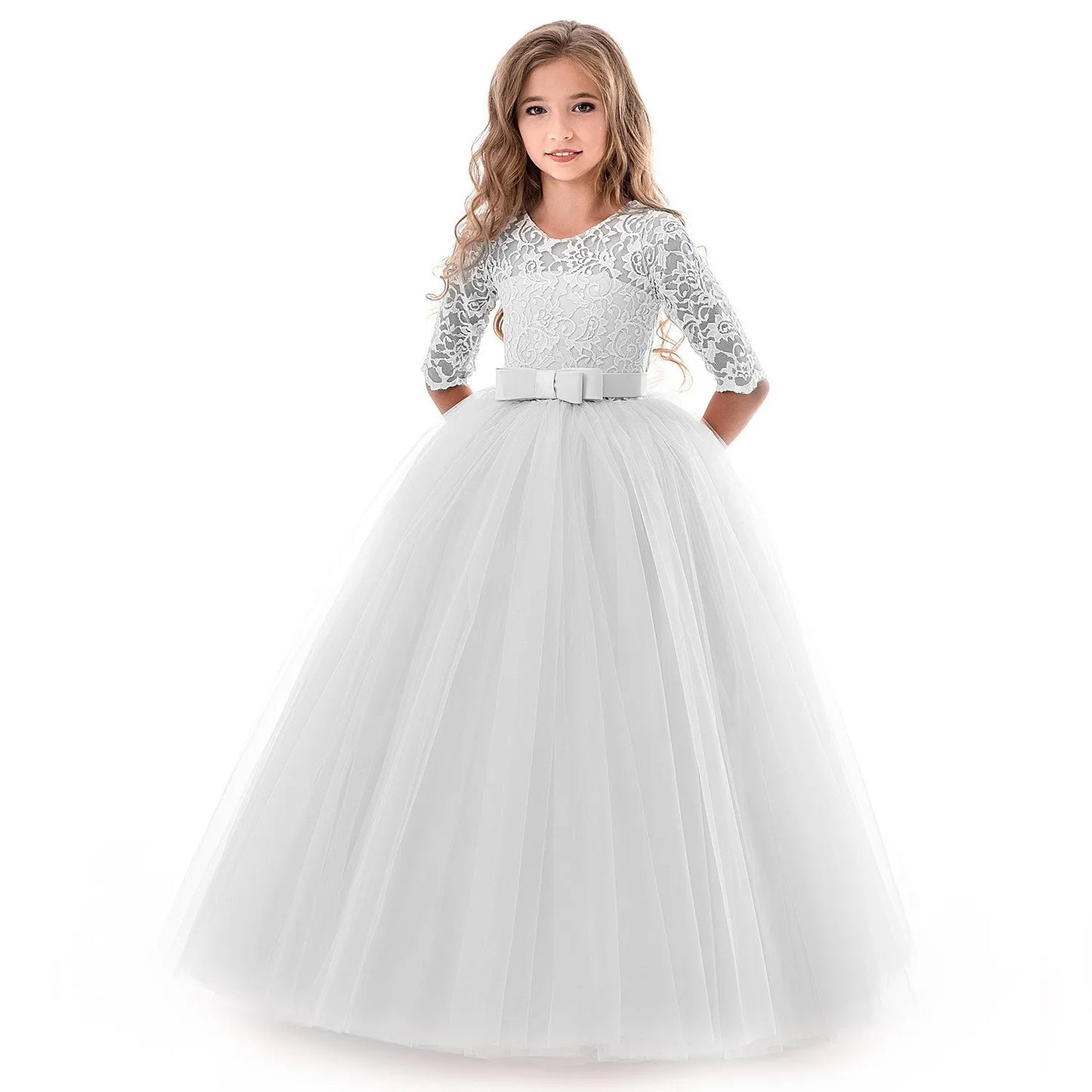 Maxy Girls Lace Embroidered Bow Princess Dress Long Sleeve Tulle Gown For Toddler First Communion Bridesmaid Wedding Birthday Party