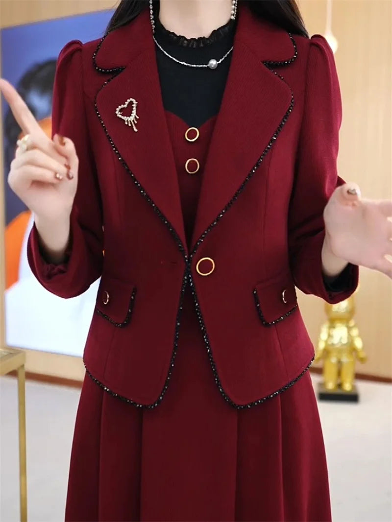 Maxy High End Suit Jacket Dress Two-piece Set Women Spring Autumn Winter New Advanced Red Blazer Coat Long Dress Female Outfit