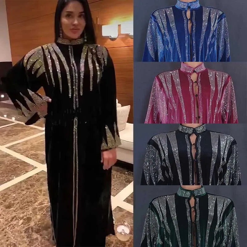 Amay Diamonds Velvet African Dresses for Women Ankara Dashiki Abaya Muslim Dress Moroccan Kaftan Arab Robe Jalabiya Caftan Gown