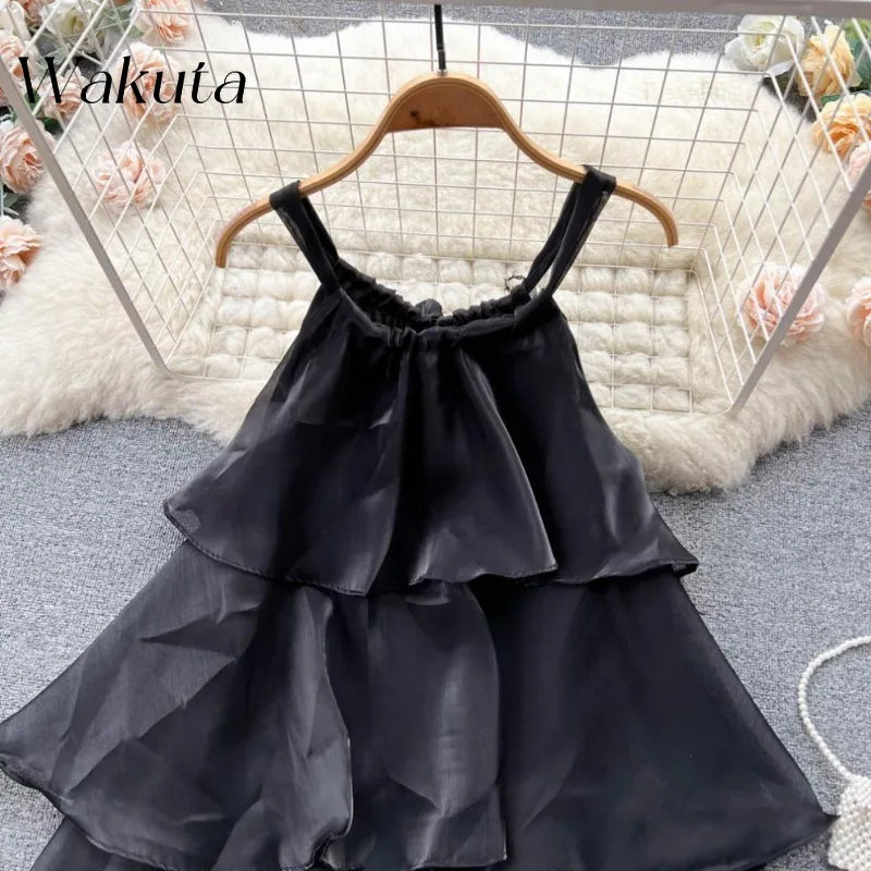 WAKUTA Summer Elegant Neck Hanging Sleeveless Ruffle Edge Dresses Casual Patchwork Ruffle Edge Sweet Cake Vestido Elegante Mujer