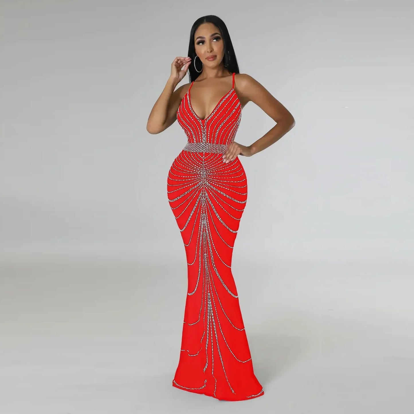 Maxy Women's Diamond Rhinestone Sleeveless V-neck Mermaid Maxi Dress Sexy Club Party Evening Gown Trumpet Style