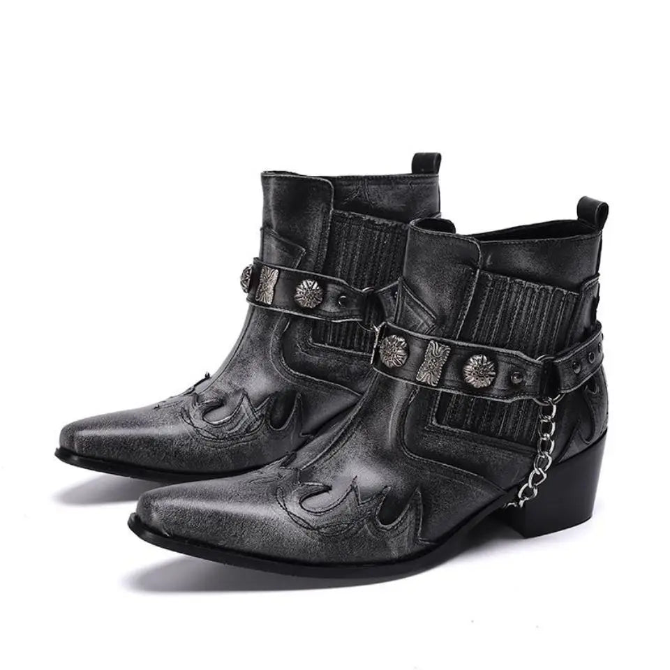 Visco Vintage Gray Men's Boots Metal Chain Buckle Pointed Toe Ankle Chelsea Boots Genuine Leather Dress Boots Stylish Handmade Boots