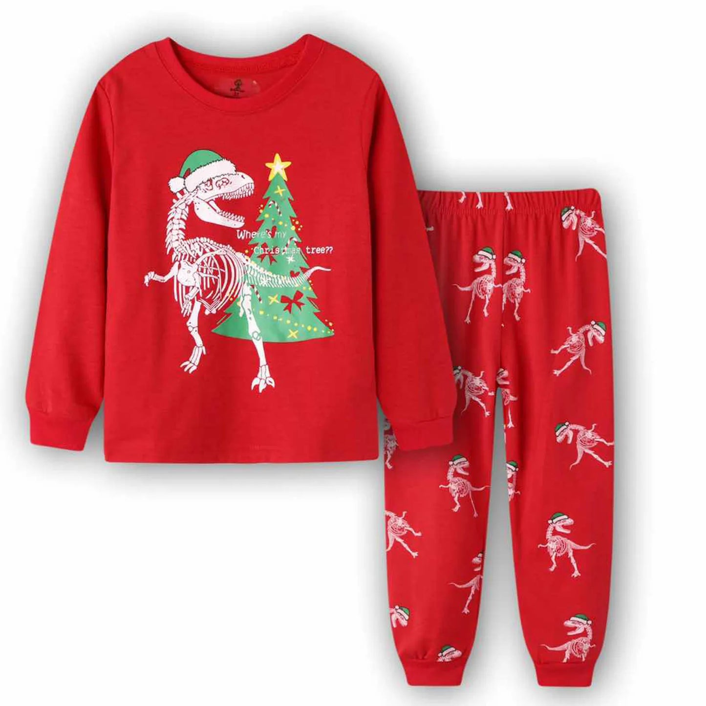 Kids Boys Pajamas Cartoon Christmas Dinosaur Long Sleeved Autumn and Winter Round Neck Long Sleeve Top & Cotton Pants Set 2pcs