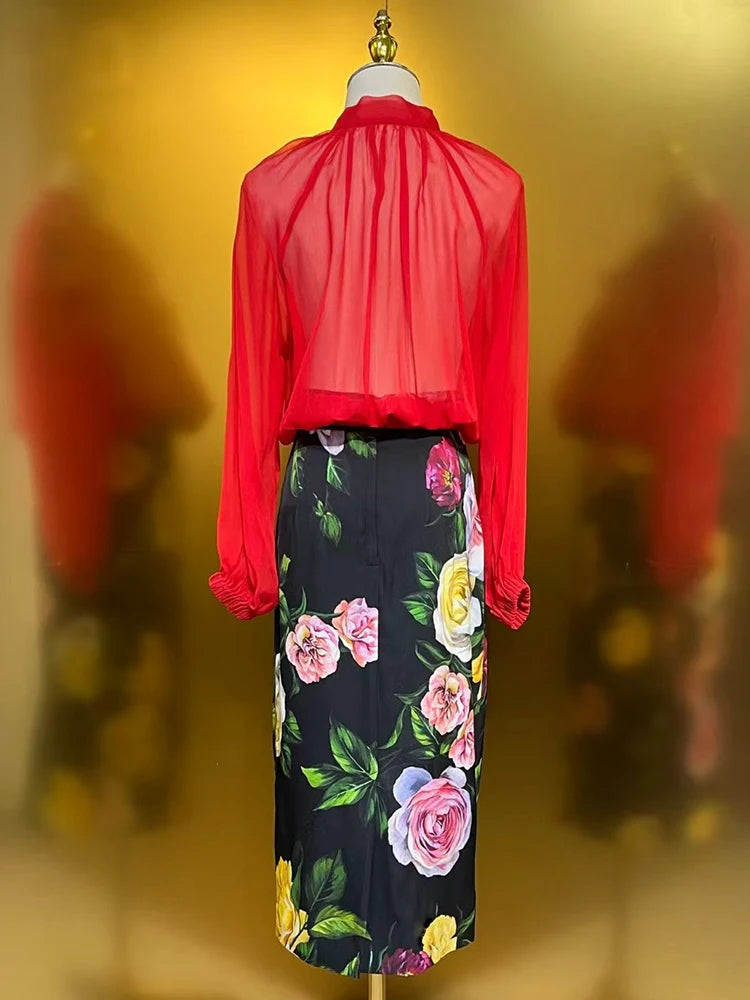 Maxy spring women's new chiffon silk straight shirt two-piece set + high-waisted printed silk wrap hip skirt fashion set