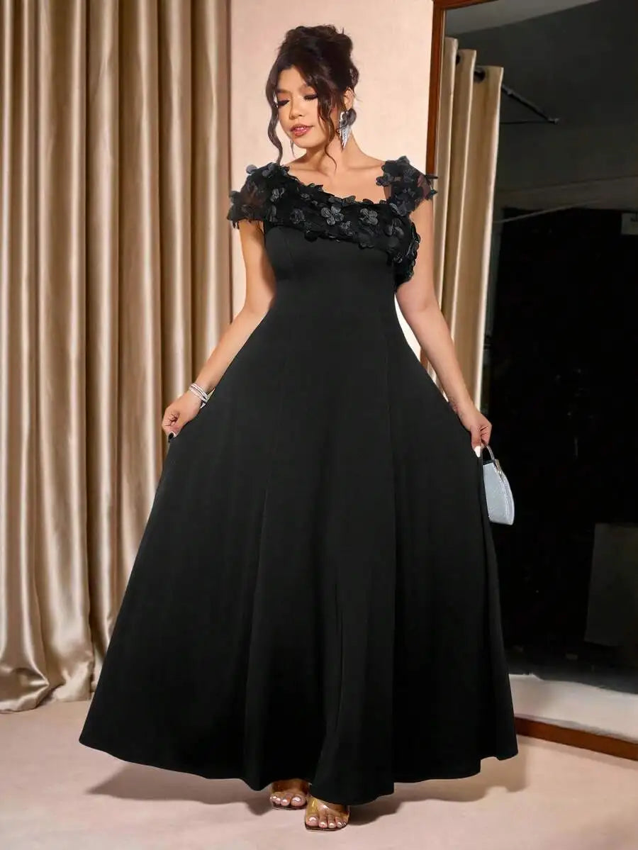 Plus Size Women Oblique Shoulder Floral Mesh Patchwork Evening Gown Party Dress