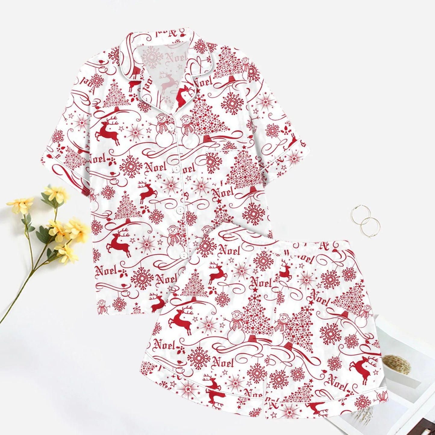 Christmas Graphic Print Women's Button-Down Shirts Pajamas Shorts Set Causal Women‘s Silk Satin 2 Piece Homewear Shorts Set Soft