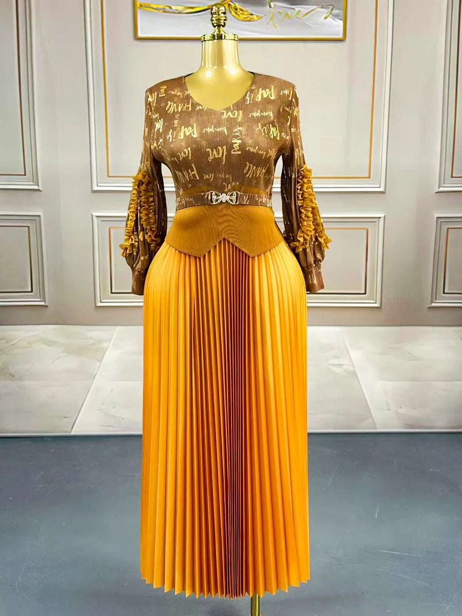 Maxy Women's Evening Gala Long Sleeve Dresses Plus Size Clothes Elegant Party Gowns Female Luxury Prom Miyake Pleated Dresses