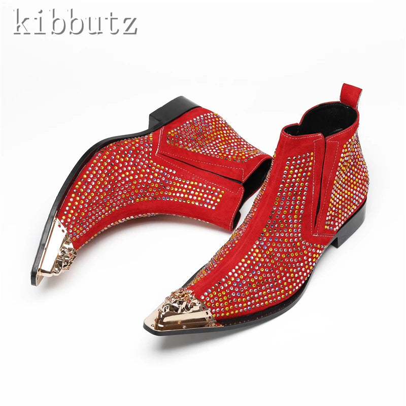 Maxy Fashion Rhinestones Suede Leather Ankle Boots Men New Luxury Metal Toe Chelsea Boots Male Party Dress Shoes