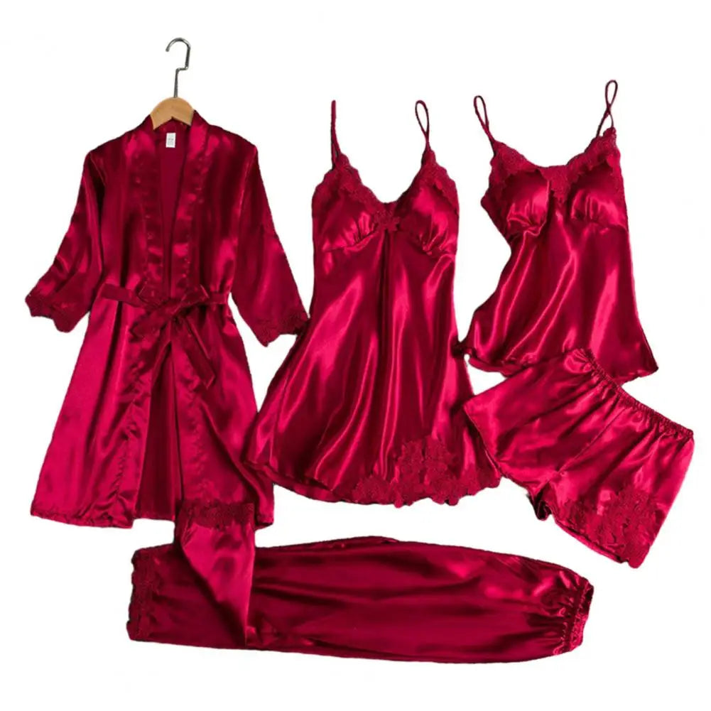 Silk Pajama Set Elegant Satin Lace Pajama Set with Lace-up Waist 5-piece Women's Nightwear Set Silky Nightgown with Top Shorts