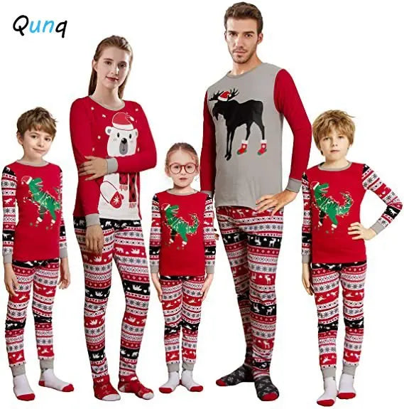 Qunq Autumn New Christmas Parent-Child Costume O Neck Splice Long Sleeve Print Top + Pants 2 Pieces Set Family Matching Outfits