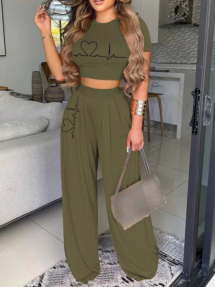 Maxy Women Open Bellybutton Set Summer Leisure Fashion Heartbeat Short Sleeved Top High Waist Women Wide Leg Long Pants Two Piece Set