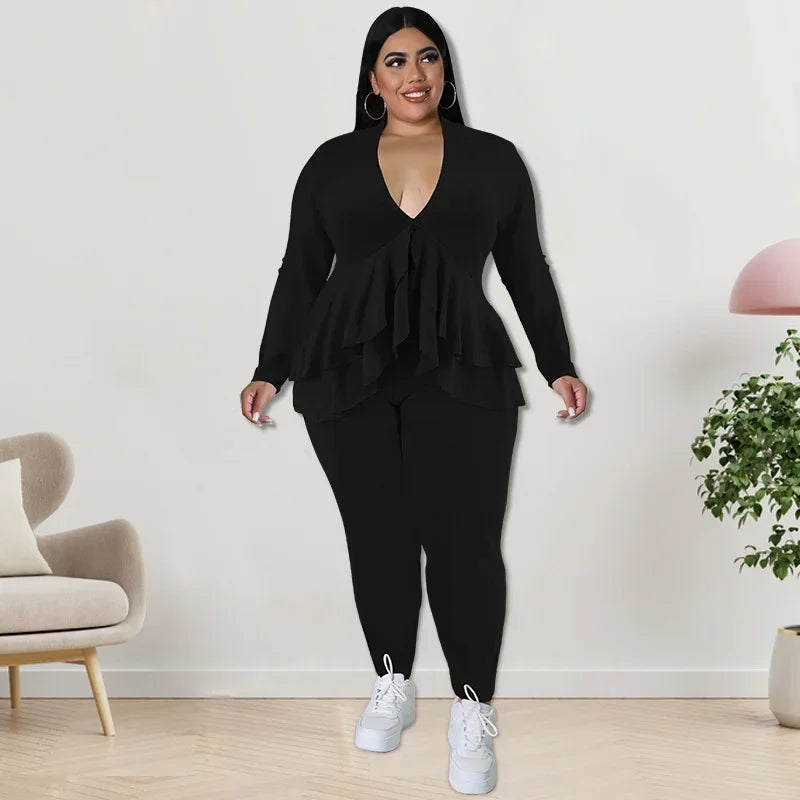 Amay Plus Size Women Set Fashion Ladies Ruffles Hem V-neck T-shirt and Legging Pants Suit Spring Female Two 2 Piece Set Outfit