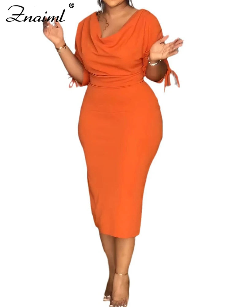 Maxy Elegant Pile Collar Ruched Drawstring Half Sleeve Split Bodycon Orange Pencil Dress Women Birthday Party Club Office Robe