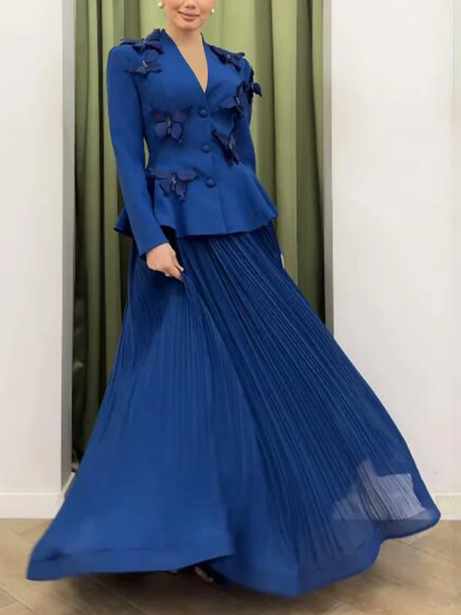 Maxy Elegant Two-Piece Sets for Women V Neck Long Sleeve Tunic Designer Coat High Waist Pleated Skirt Formal Set Female