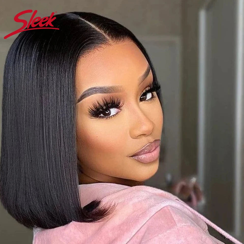 Babs Sleek Remy Brazilian Straight Lace Bob Wigs Short Lace Part Human Hair Wigs 200% Density Cheap Nature Black Dark Human Hair Wigs