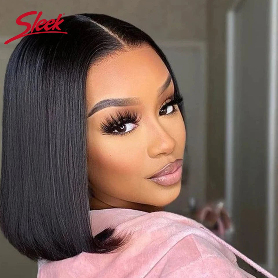Babs Sleek Remy Brazilian Straight Lace Bob Wigs Short Lace Part Human Hair Wigs 200% Density Cheap Nature Black Dark Human Hair Wigs