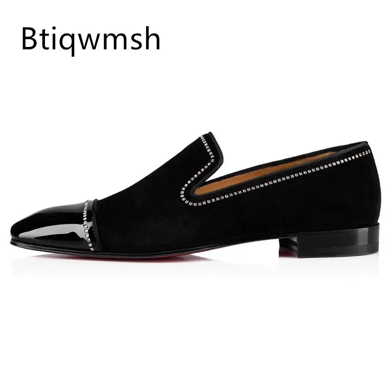 Visco Black Suede Rhinestone Wedding Shoes Man Pointed Toe Leather Patchwork Slip On Flats Male Sexy Party Shoes