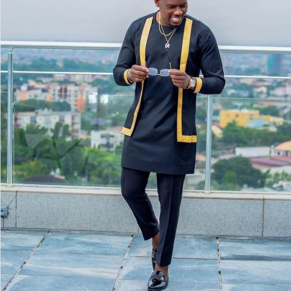 Maxy New African Traditional Men's Set Round Neck Long Sleeve Yellow Luxury Two Piece Dashiki Wedding Party Festival Men's Suit