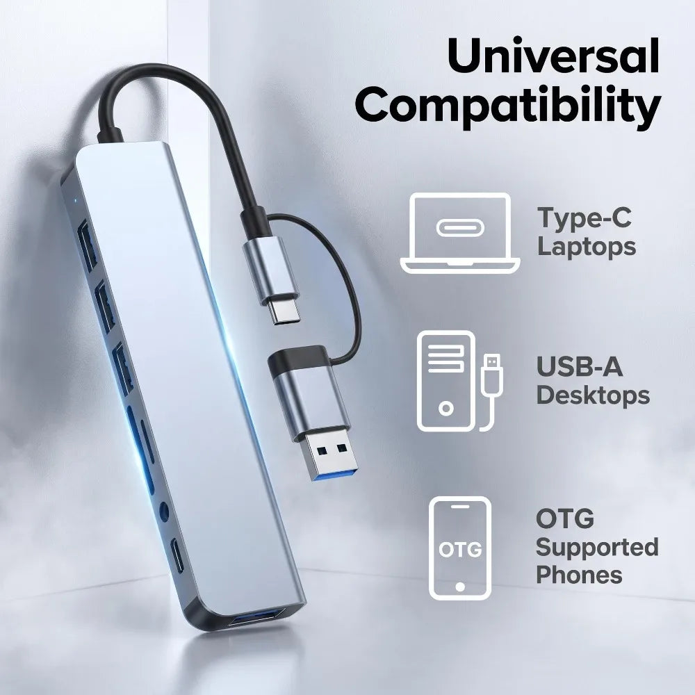 8 in 2 Type C USB HUB Docking Station with 3.5mm Audio Jack for Micro SD Card Reader MacBook Laptop Tablet Phone Disk Converter