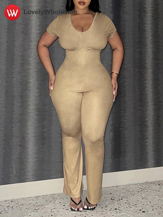 Amay Plus Size Flared Jumpsuits for Women Autumn Casual Short Sleeve V Neck Zipper Skinny Trousers Large Size Full Jumpsuit Woman