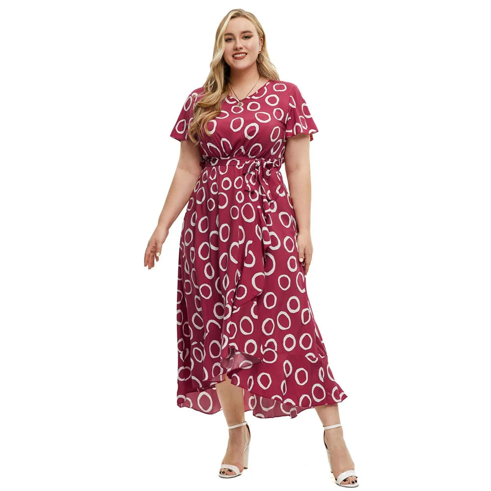 Maxy XL-5XL Summer Short Sleeve Red Print New In Dresses Trend 2025 Plus Size Women's Clothing On Sale Casual Cheap Maxy Dress Ladies