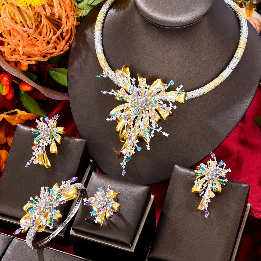 Maxy NEW Luxury 4PCS UAE Rainbow Fireworks Jewelry Set For Women Wedding Party Cubic Bridal Jewelry Set