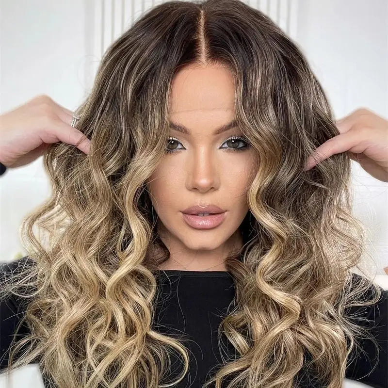 Maxy Synthetic HD Lace Front Wigs Glueless Curly Ombre Blonde Brown Colored Highlights Lace Front Wigs For Women Preplucked Hairline