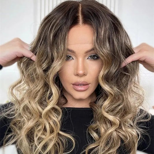 Maxy Synthetic HD Lace Front Wigs Glueless Curly Ombre Blonde Brown Colored Highlights Lace Front Wigs For Women Preplucked Hairline