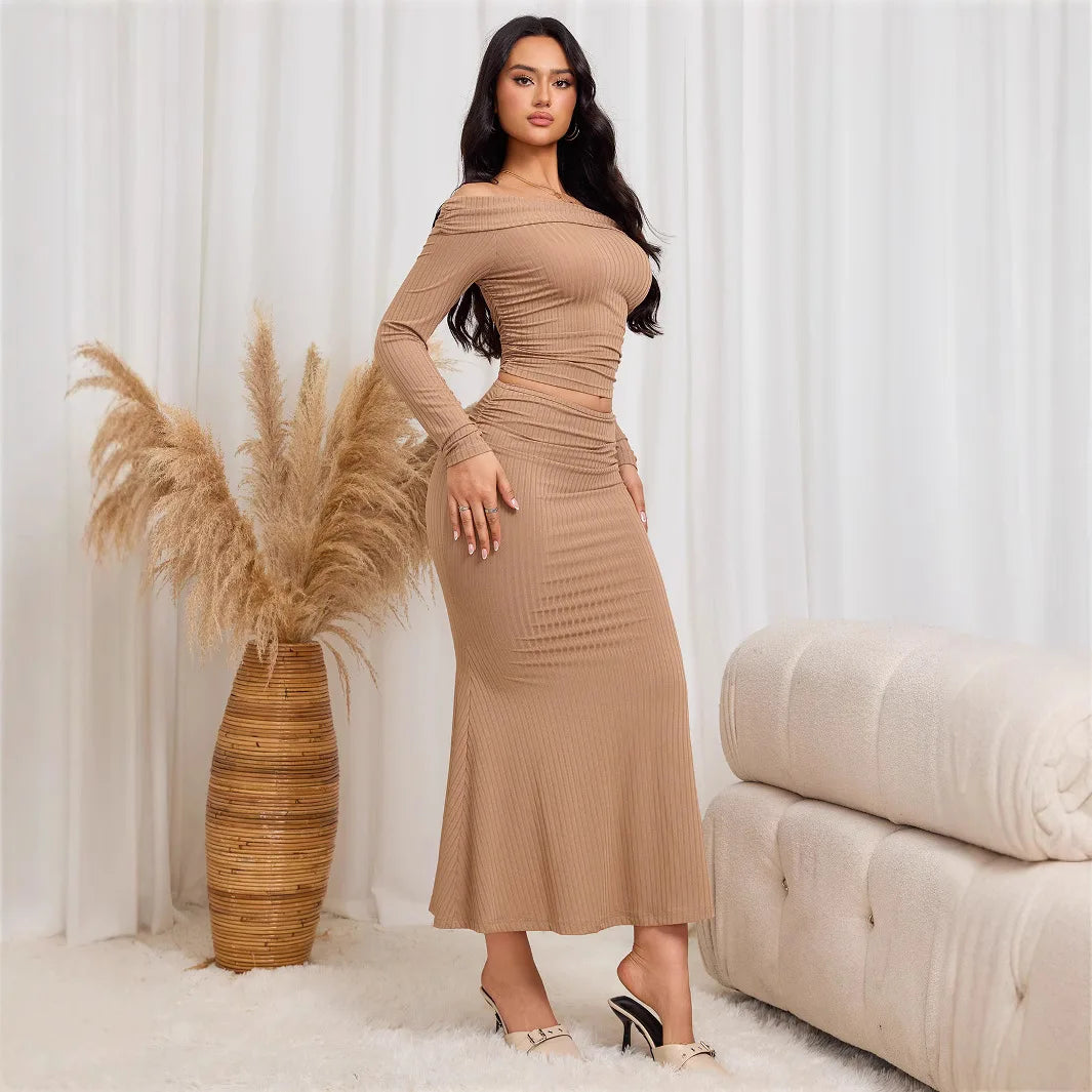 Women's Cold Wind Queen Fashion Set One Shoulder Top Hip Wrapping Long Dress Two Piece Suit