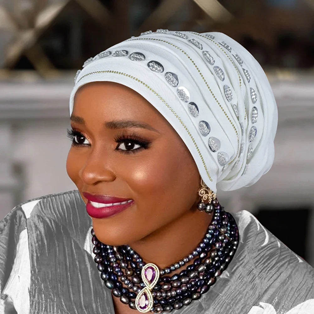 Maxy New Diamonds Turban Cap for Women Muslim Hijab Bonnet Headscarf Nigeria Geles Wedding Hat African Auto Gele Head ties Head Wrap