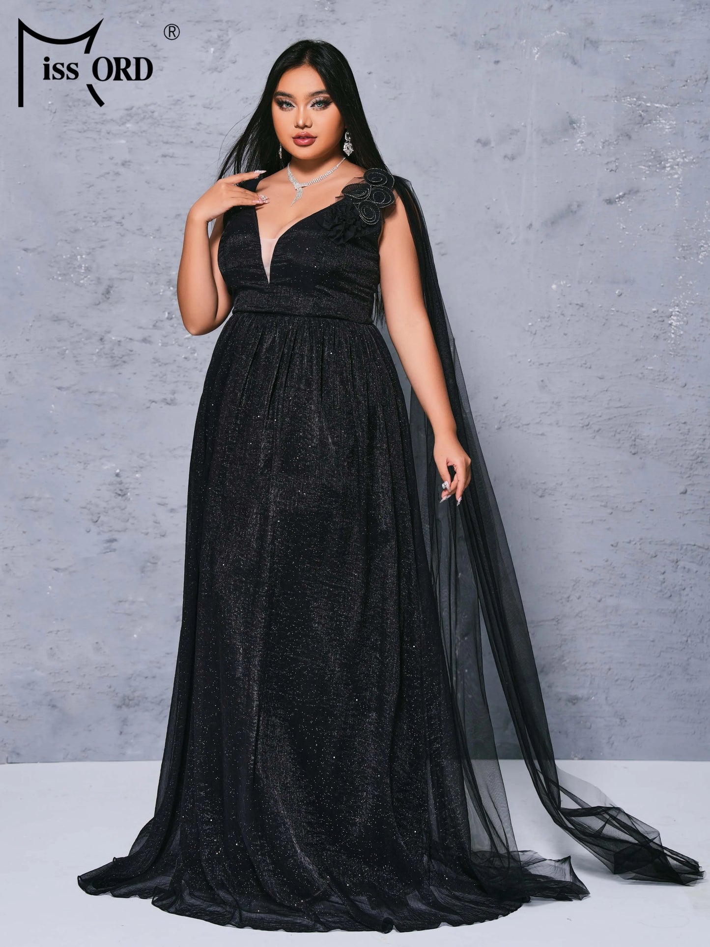 Visco New Black Plus Size Chic Elegant V Neck A Line Evening Gown Large Size Formal Occasion Tulle Dresses