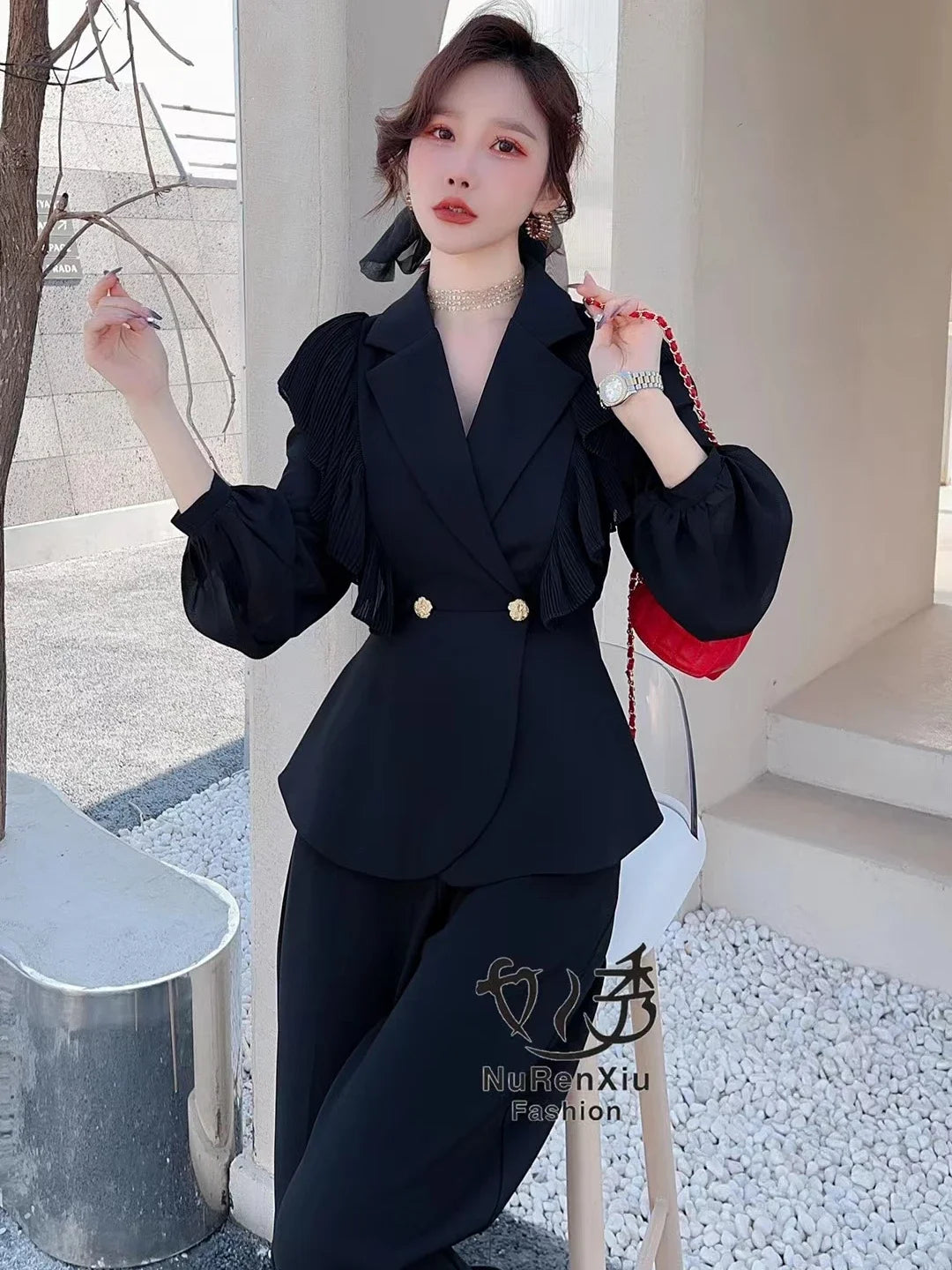 Temperament Suit Women Outfits 2023 Spring New Chiffon Ruffled Stitching Suit Coat High Waist Loose Wide Leg Pants Two-Piece Set