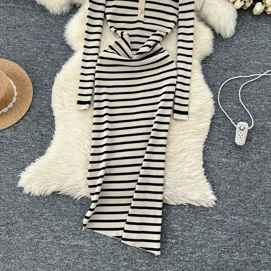 Amay French Style Vintage Contrast Color Striped Knit Dress Turn-down Collar Long Sleeve Slim Fit Robe Split Irregular