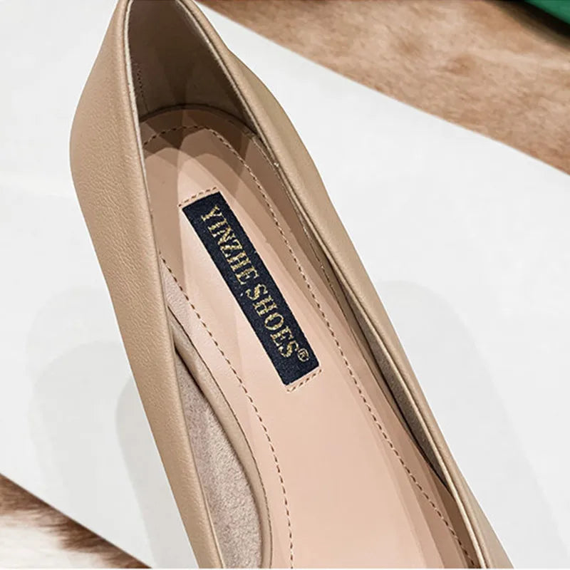 Amay New Women Med Heel Square Toe Pumps Office Lady Shoes Big Gold Metal Chain Soft Soles Slip on Leahter Shoes