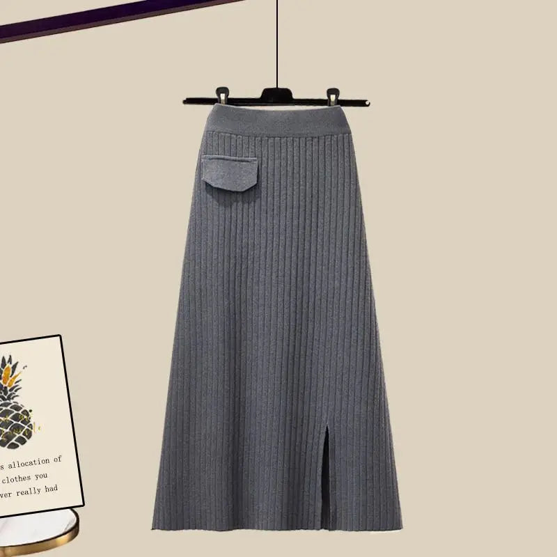 Maxy Women's Autumn and Winter Set New Loose Shawl Shirt High Waist Knitted Half Skirt Minimalist Fashion Two Piece Set