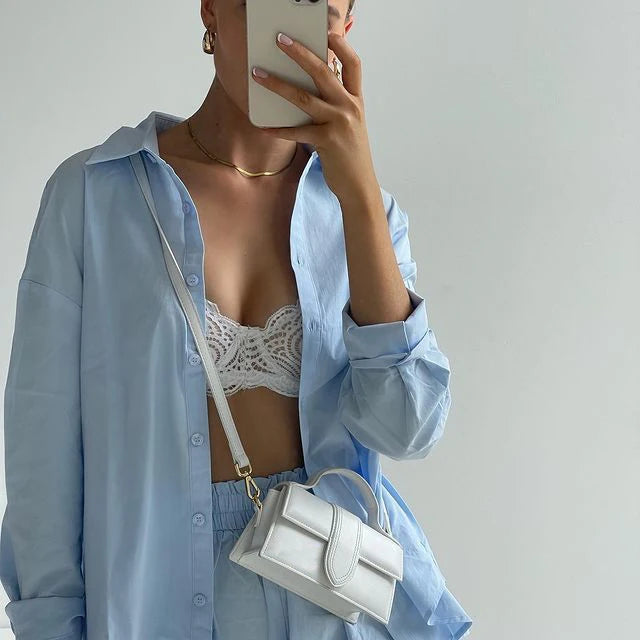 Maxy Women Tracksuits Shirt with Mini Shorts Cotton Two Pieces Sets Fashion Clothing Outfits Women Blouses Fashion Tracksuits