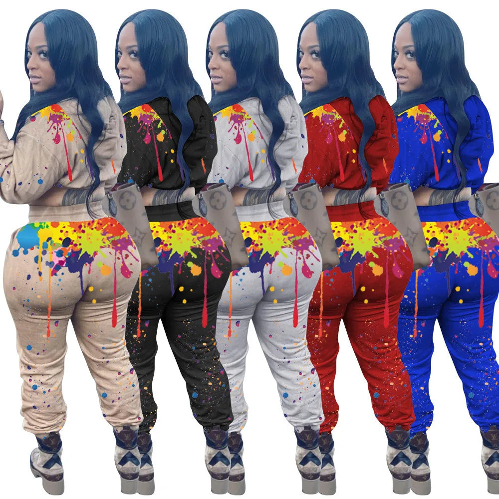 Maxy Splash-ink Print Sweat Suits Women Set Hoodies Sweatshirt and Sweatpants Set Two Piece Set Tracksuit Female Matching Set Outfits