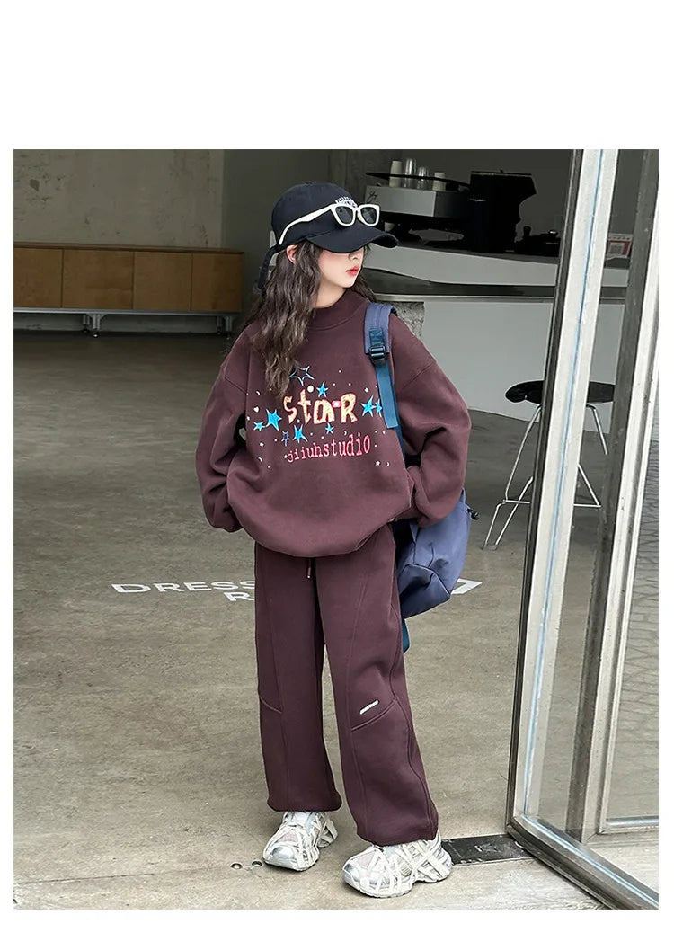 Maxy Girls Plus Fleece Sports Suit Autumn and Winter New Fashion Printed Hoodie Pants Two-piece Set Korean Simple Style