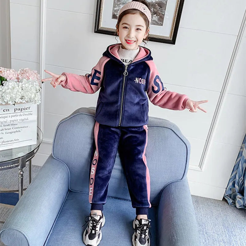 Babs Girls Suit Coat Pants Cotton 2Pcs/Sets Velvet Thicken Spring Winter Sports Sets Tracksuit Uniforms Children Clothing