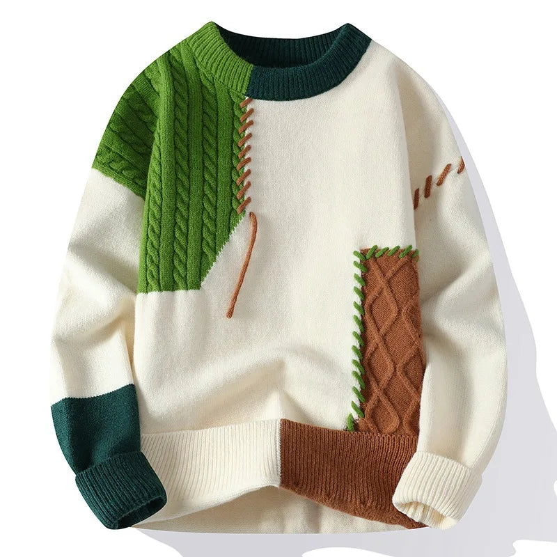 Maxy Autumn Winter Warm Men's Knitted Sweaters Fashion Patchwork O Neck Knit Pullovers Korean Streetwear Pullover Casual Mens Clothing