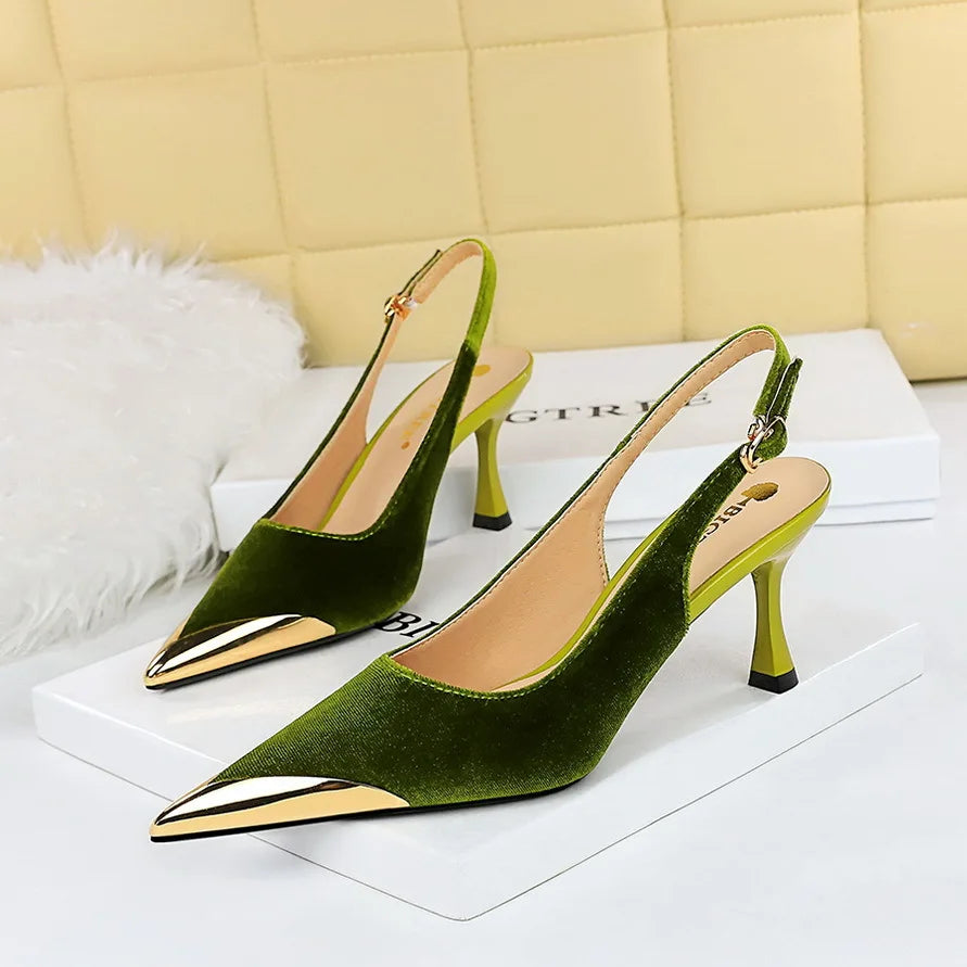 Women 7cm High Heels Green Burgundy Slingback Strap Pumps Lady Metal Toe Velvet Kitten Low Heels Nightclub Evening Party Shoes